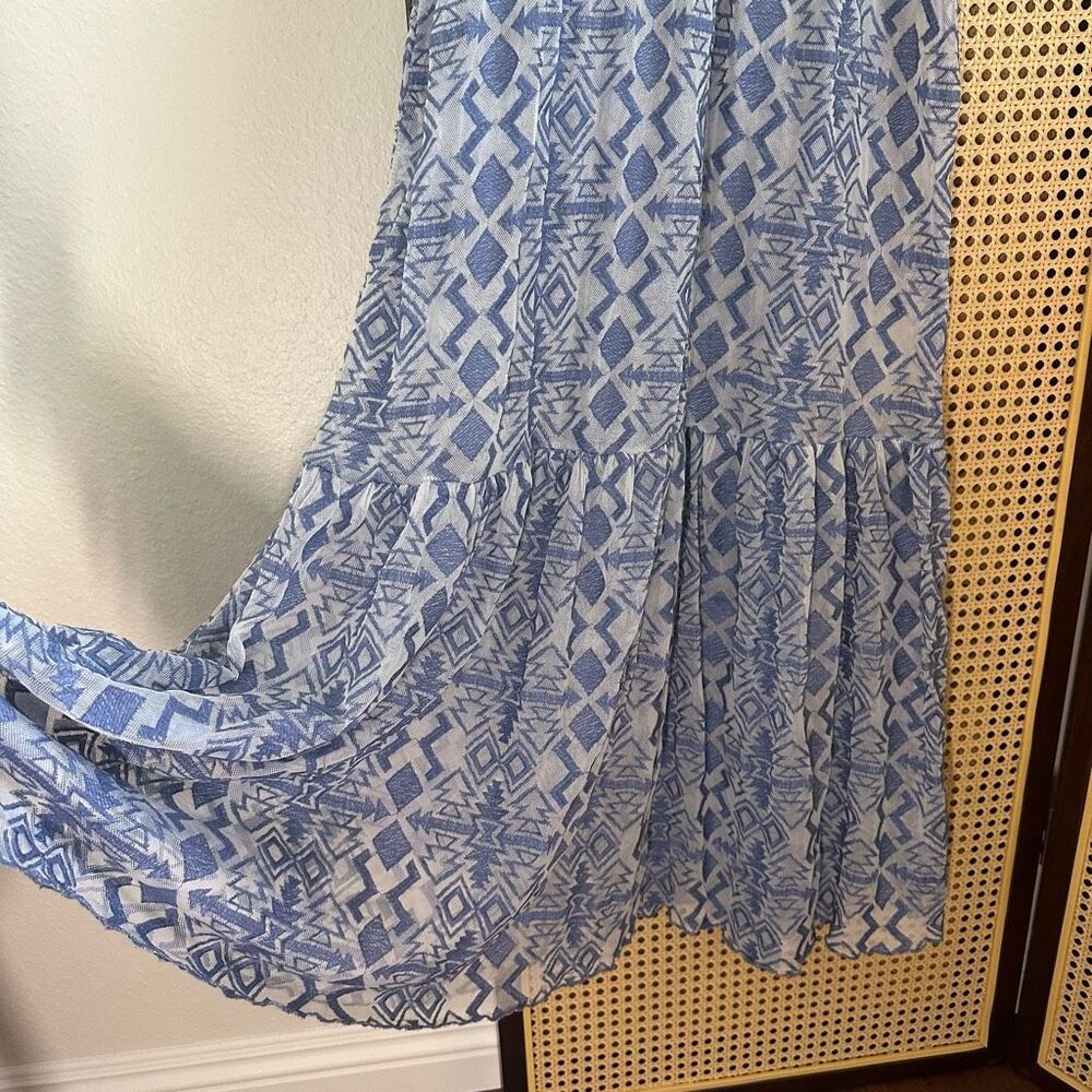 Nidodileda Sheer Jacquard Geometric Print Blue Maxi Dress Sz L Greece Made - Picture 7 of 12